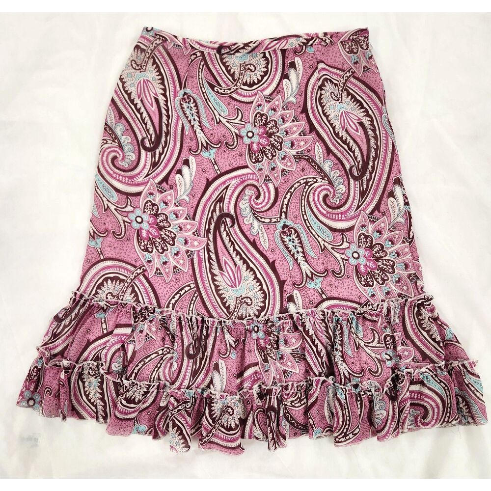 New York & Company Womens Skirt 10 Pink Paisley Y2K Ruffle Hem Lined Boho Midi